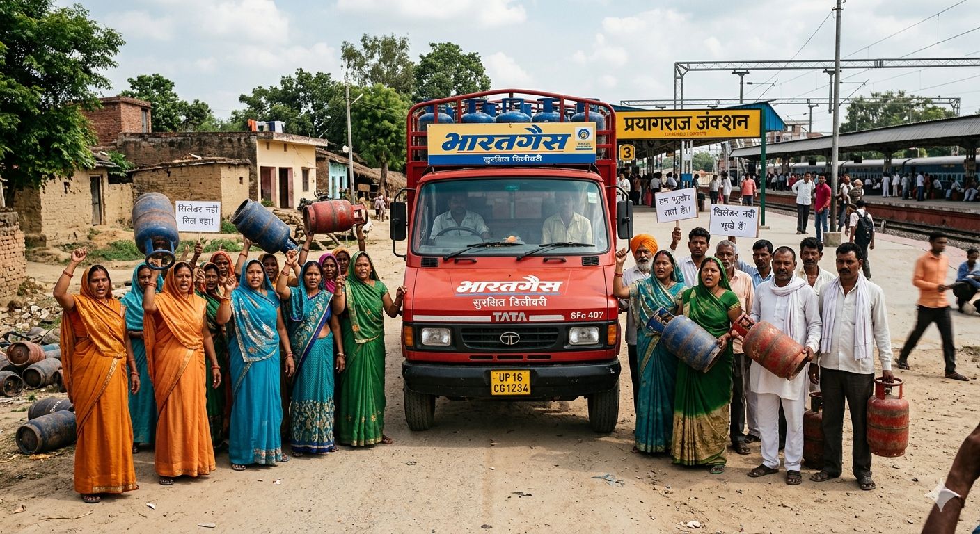 पीलीभीत: अमरिया में एलपीजी किल्लत पर फूटा महिलाओं का गुस्सा, गैस वाहन के आगे बैठकर किया प्रदर्शन